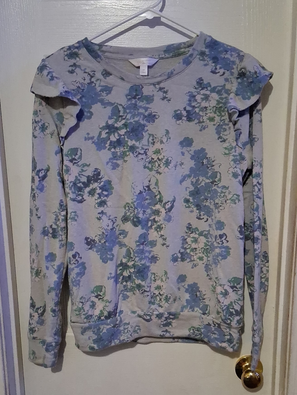 LC Lauren Conrad Blue Floral Ruffle-Shoulder Sweatshirt